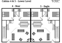 Bear and Eagle Cabin lower level layout -living room with gas fireplace, kitchen, two bedrooms and a bathroom