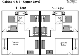 Bear and Eagle Cabin upper level layout - sleeping loft, bathroom, two bedrooms with twin over full bunks