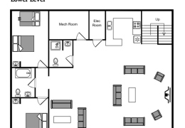 Lower level layout (kitchen, living room, walk out porch, two bedrooms, two bathrooms, laundry room)