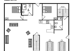 Main level layout (kitchen, living room, walk out deck, two bedrooms, two bathrooms)