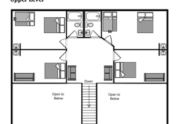 Upper level layout (four bedrooms, two bathrooms and sitting area)