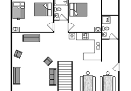 Main level layout (kitchen, large living room, walk out deck, two bedrooms, two bathrooms)