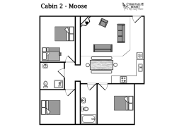Moose cabin floor plan (3 bedrooms, 2 bathrooms, sleeps up to 11 people)