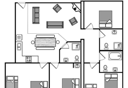 Whitetail floor plan (4 bedrooms, 3 bathrooms, open concept kitchen and living room, sleeps up to 18)