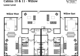Willow lower level layout (open kitchen and living room, 1 bedroom, 2 bathrooms)