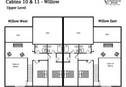 Willow upper level layout (loft sleeping area, 2 bedrooms, 2 bathrooms)