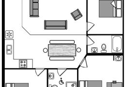 Wolf cabin layout (handicap accessible, 3 bedrooms, 2 bathrooms, kitchen, living room, 8 foot table)